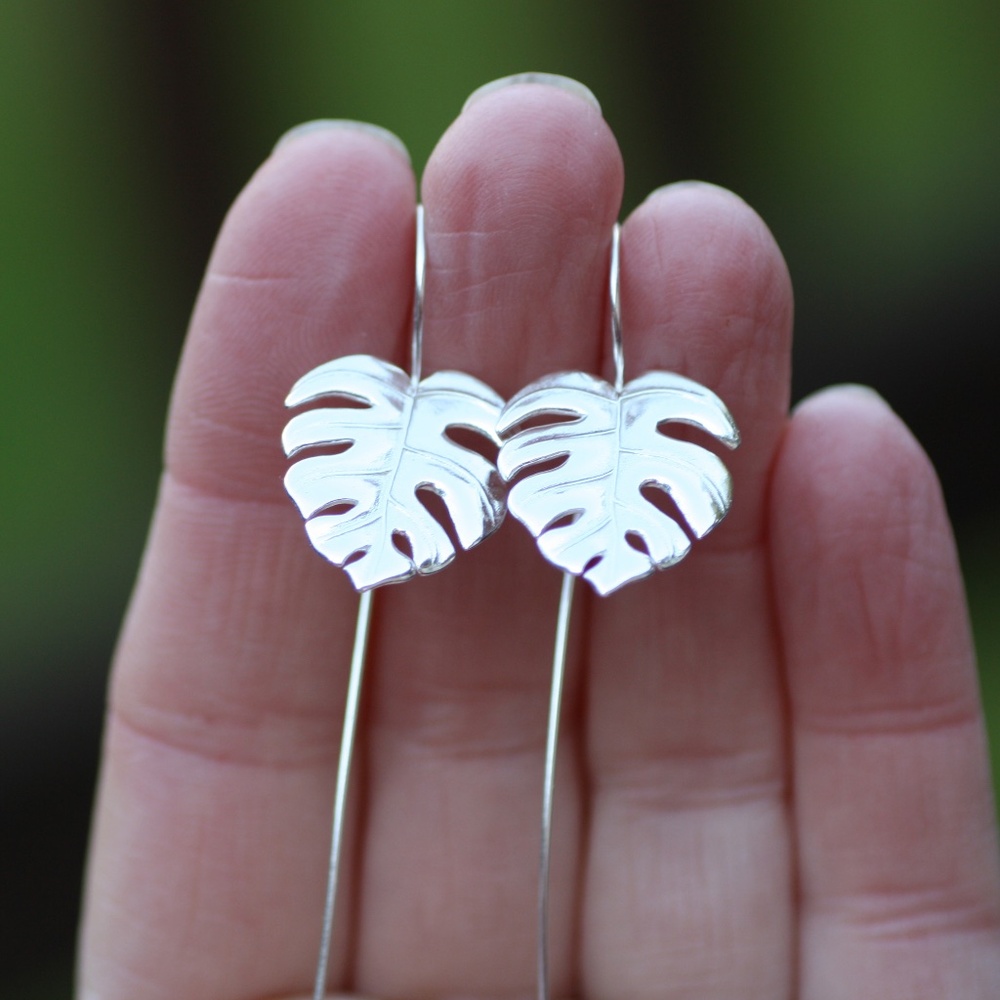 Handcrafted Long Philodendron Leaf Earrings 925 Sterling Silver